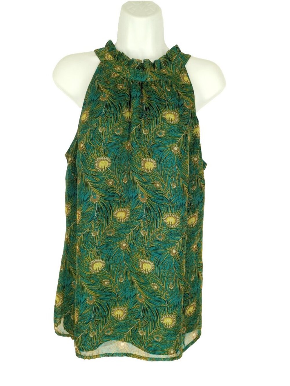 Liberty of London Target Top L Peacock Feather Blue Green High Ruffle Neck